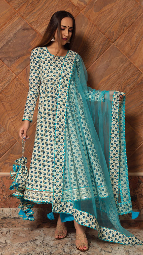 Pomcha Jaipur Anokhi Cotton Hand Block Print Anarkali Set